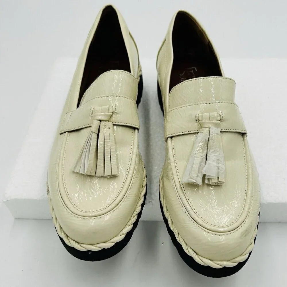 Franco Sarto Carolynn Womens Sz 8.5 Lug Sole Tassel Patent Leather Loafers Ivory